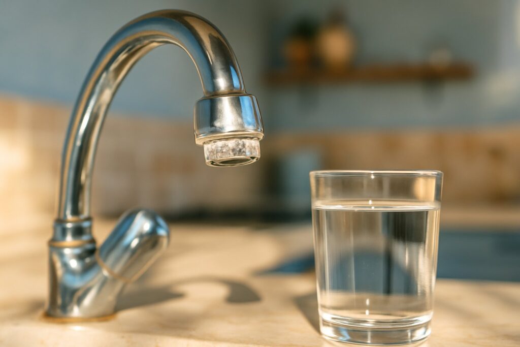 Grifo de cocina con depósitos de cal junto a un vaso de agua en Málaga