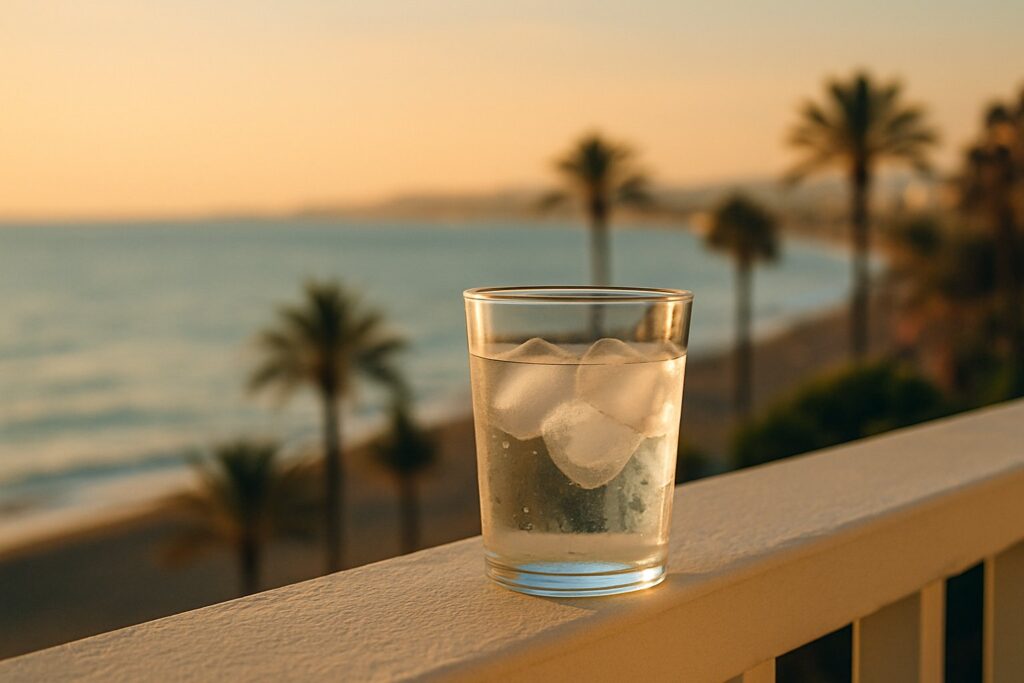 Vaso de agua fresca con hielo en primer plano y la costa de Marbella al fondo