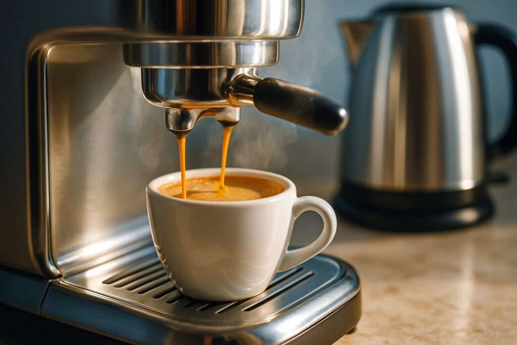 Cafetera moderna sirviendo un espresso con crema junto a un hervidor eléctrico