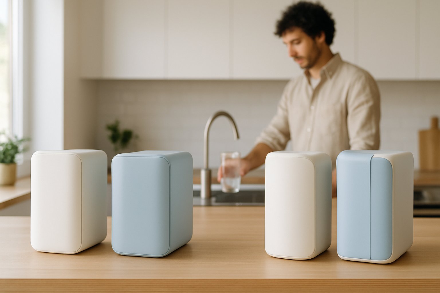 Distintos equipos compactos de ósmosis inversa alineados en una encimera de cocina
