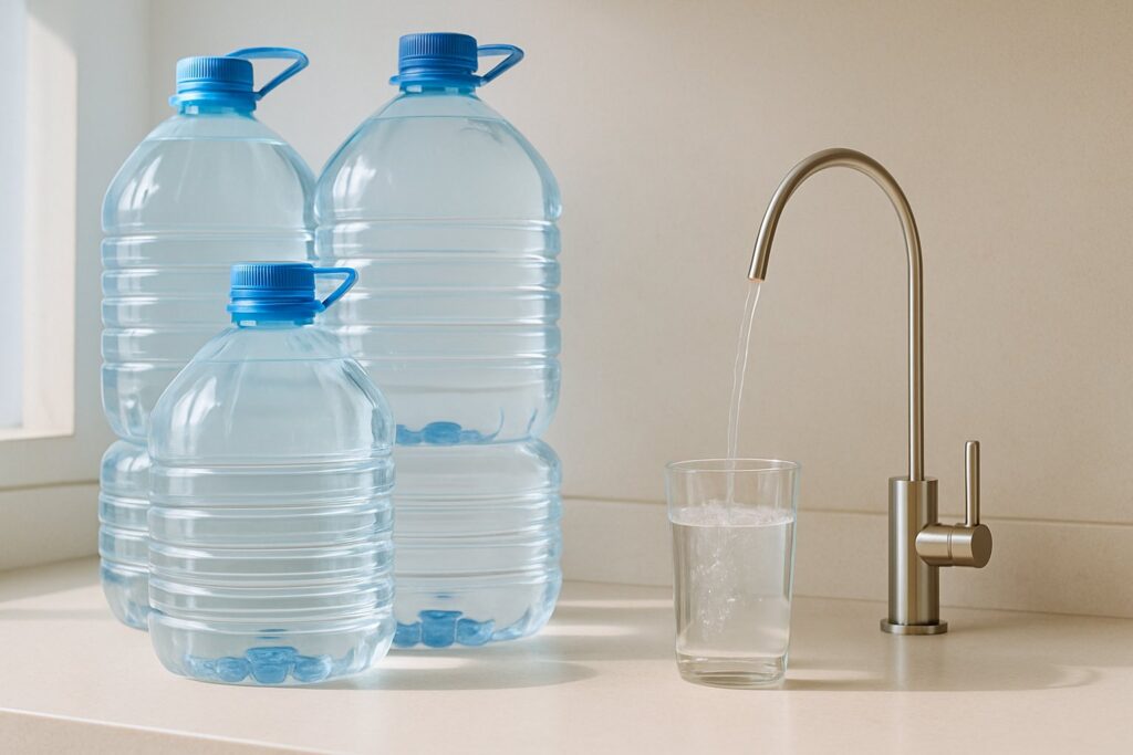 Garrafas de agua embotellada frente a un grifo de ósmosis inversa sirviendo agua