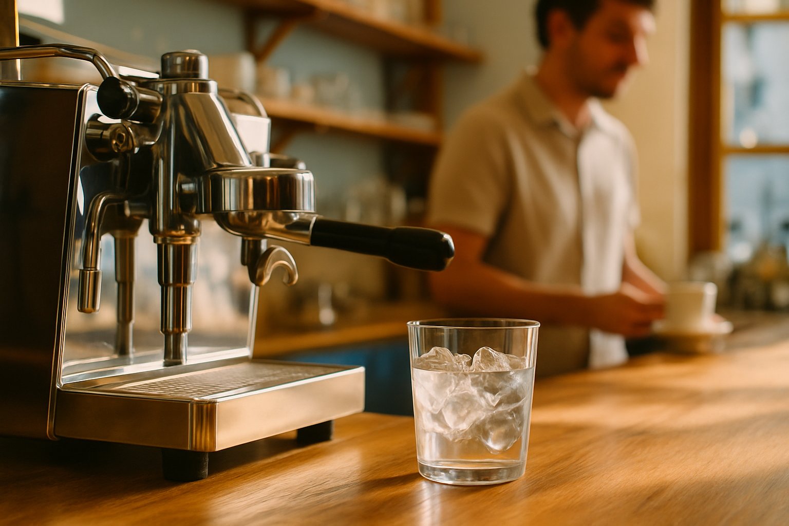 Cafetería con máquina de espresso y vaso de agua con hielo transparente sobre el mostrador