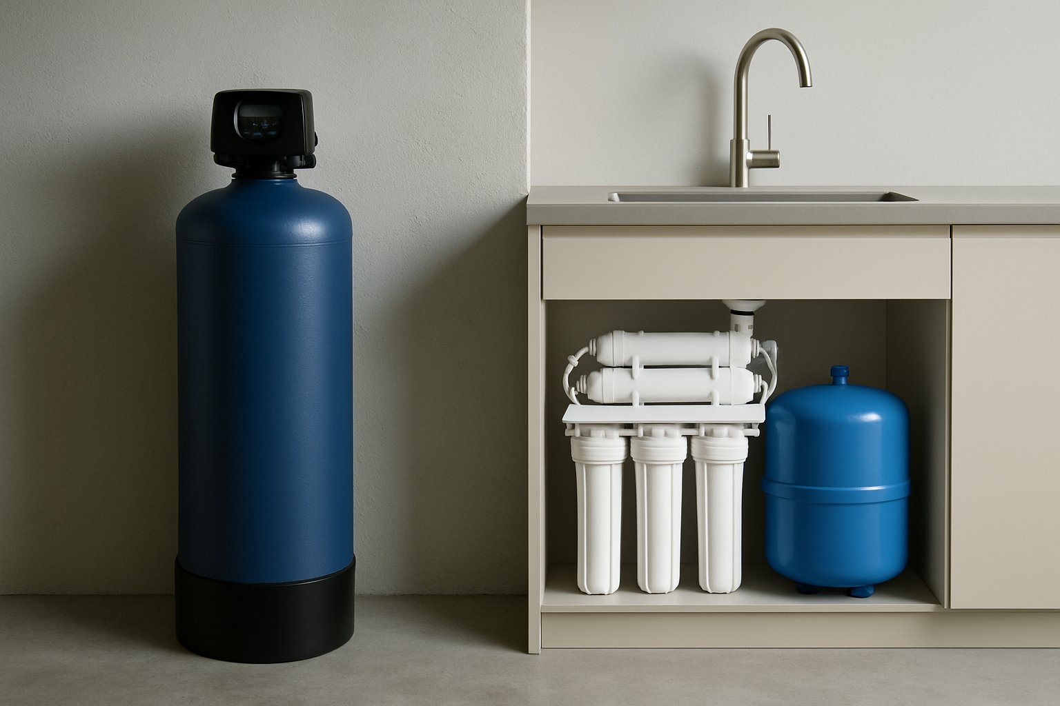 Descalcificador de agua junto a un equipo de ósmosis inversa doméstica