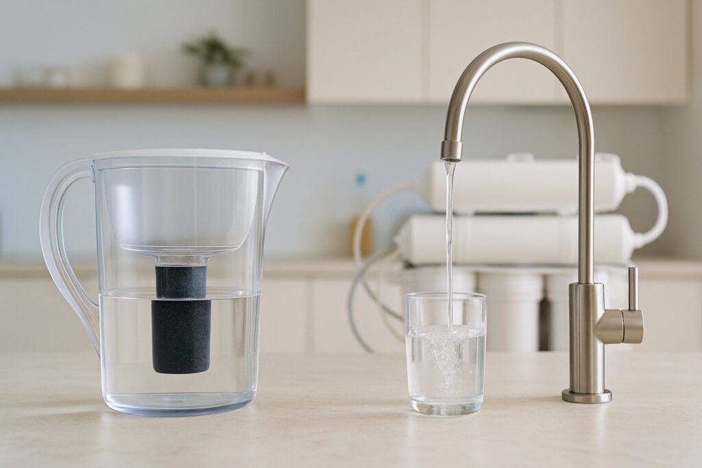 Comparación entre una jarra filtrante y un vaso llenándose de agua de ósmosis inversa en una cocina