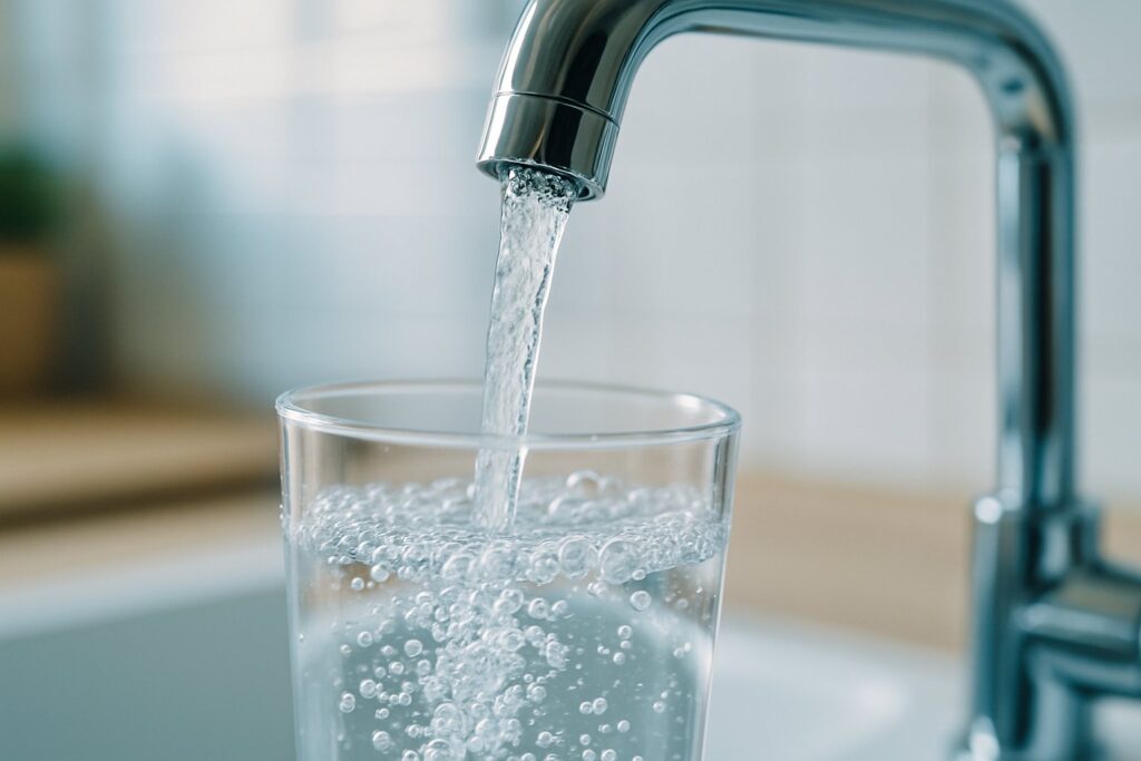 Agua saliendo de un grifo hacia un vaso de cristal en una cocina