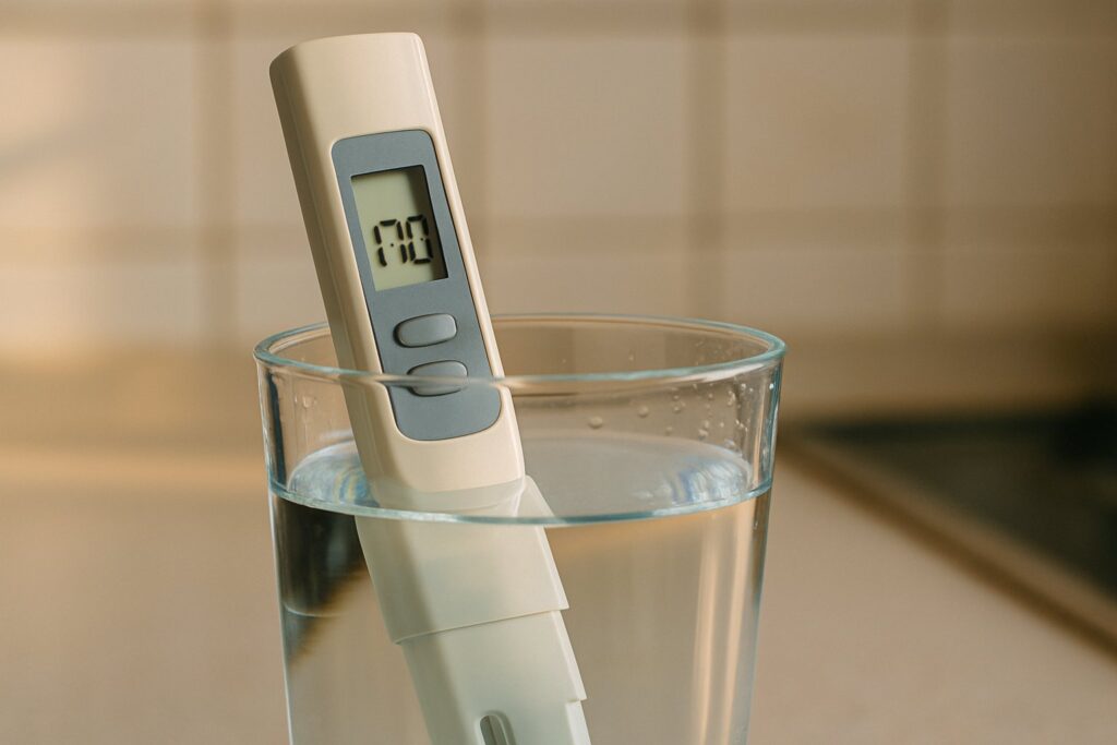 Medidor digital de TDS midiendo la calidad del agua en un vaso de cristal
